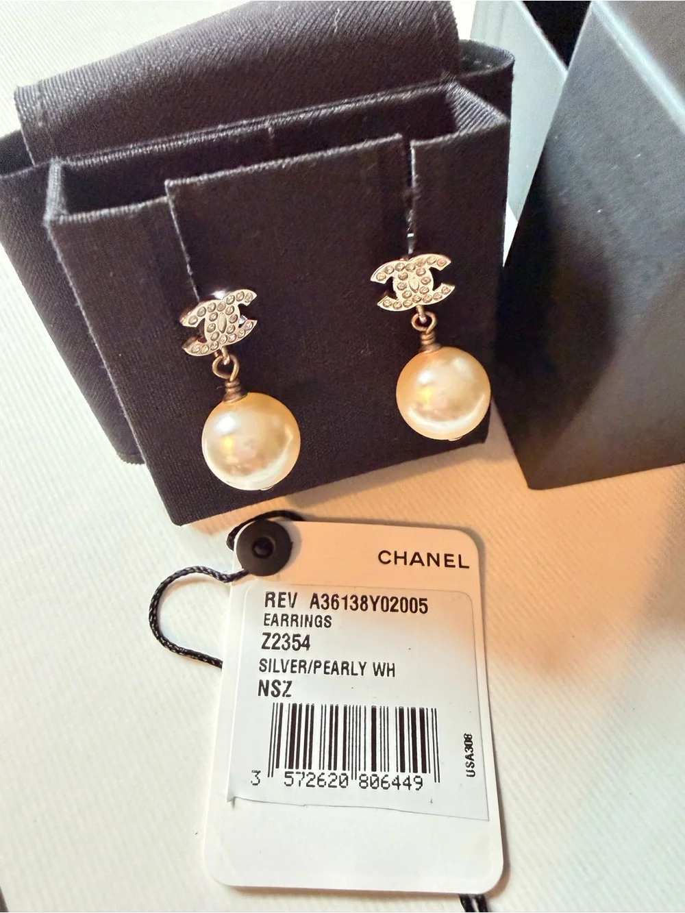 CHANEL Authentic CHANEL Crystal CC Pearl Dangle Drop Earrings Silver with Box